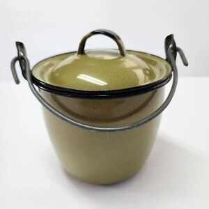Vintage Green Enameled Metal Pot with Lid and Handle